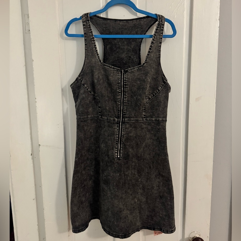NWT SHEIN Black washed Denim Mini Dress front zipper stretch XL